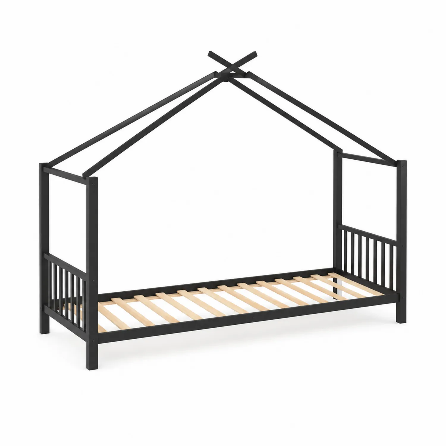 Cama infantil de metal negro con estructura de casa 200x100 cm