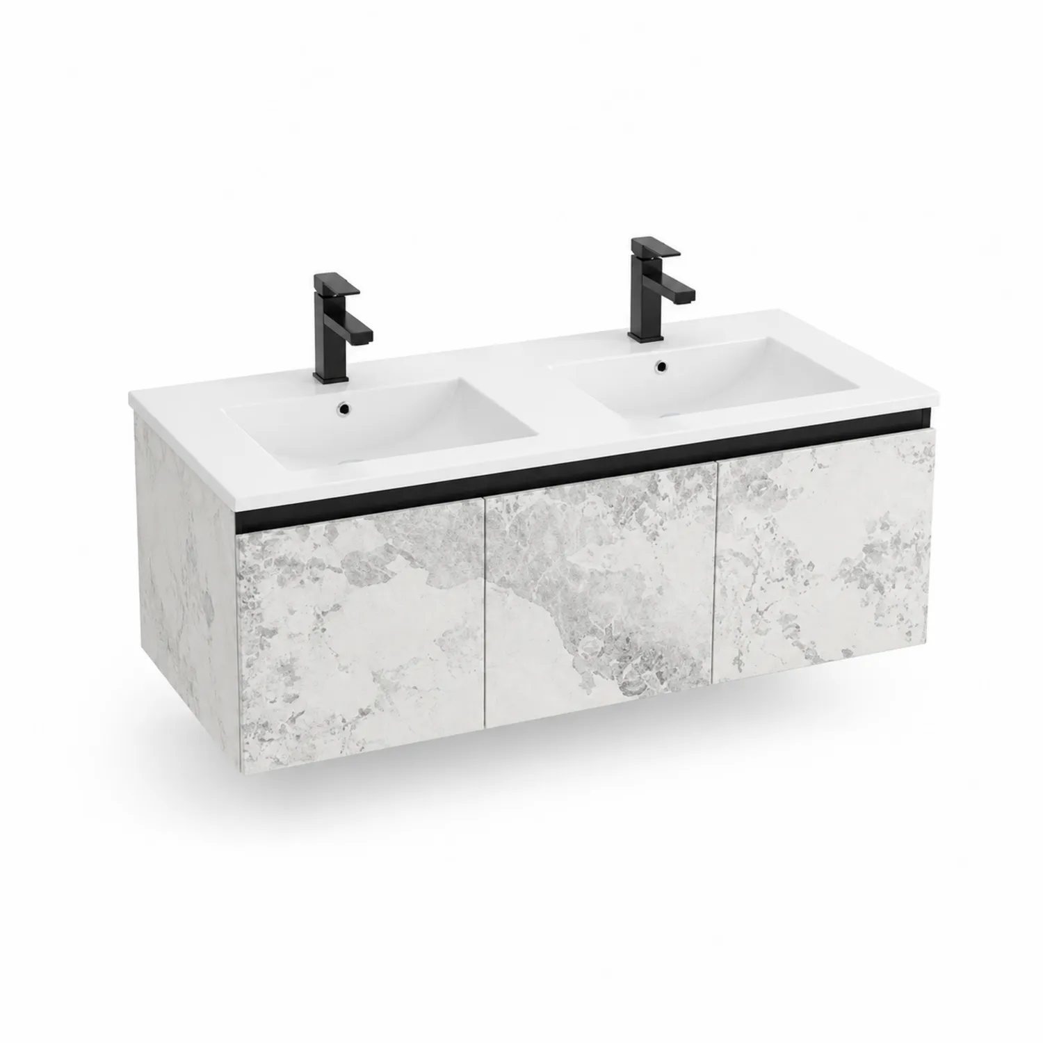 Mueble de lavabo de pared con dos lavabos de resina y MDF efecto mármol