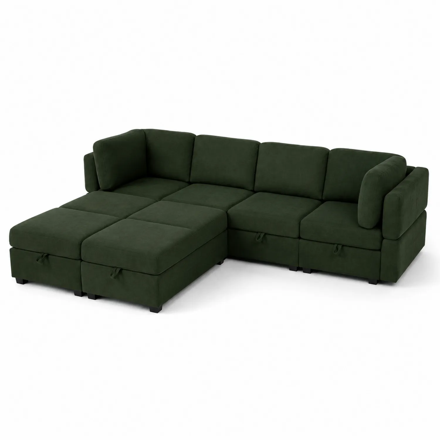 Sofá modular en forma de L de tela verde con almacenamiento