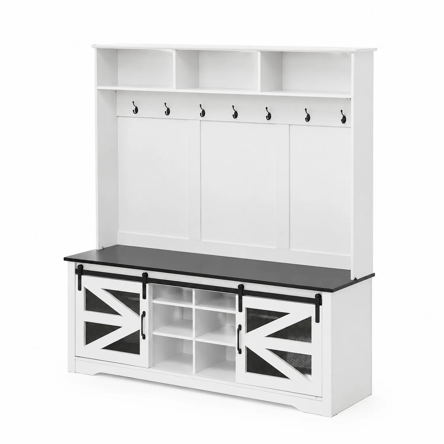 Conjunto de perchero con banco de madera y metal blanco y negro con puertas correderas