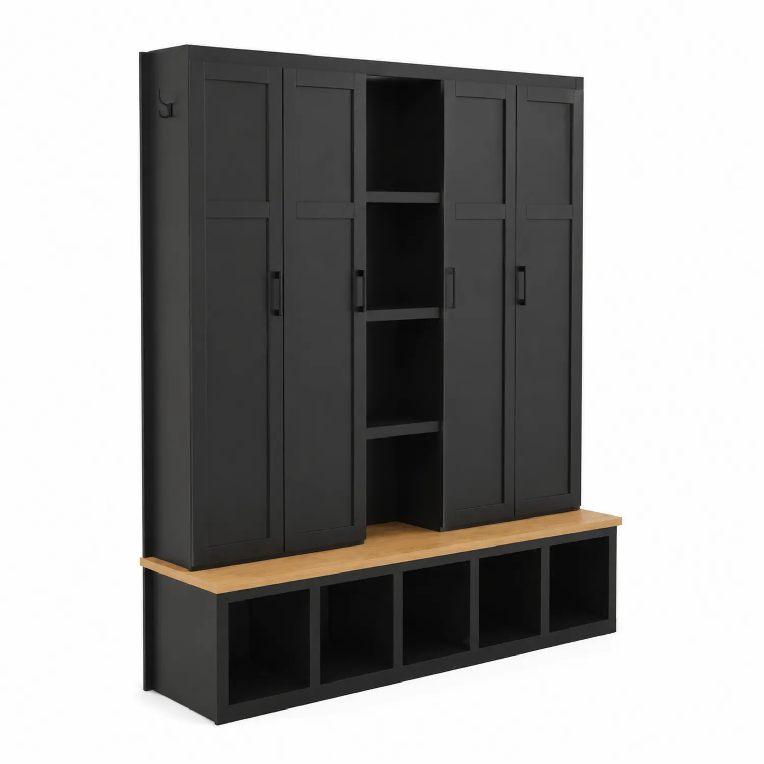 Armario con Banco de Almacenamiento en Metal y Madera, Negro, 200 x 180 x 40 cm