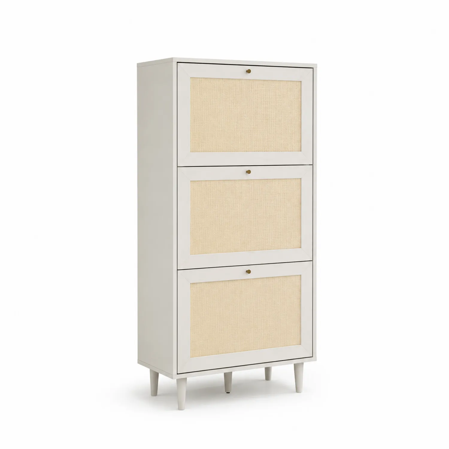 Armario zapatero de madera de pino y ratán 120 cm blanco y beige