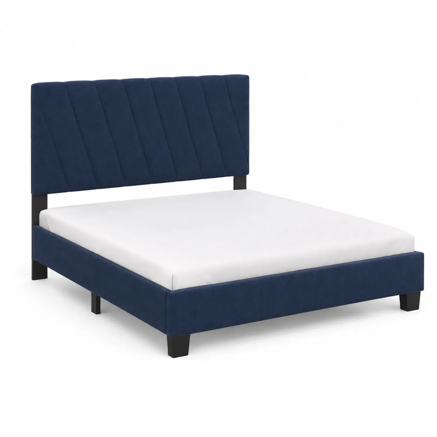 Cama de matrimonio azul con cabecero de tela y patas de madera