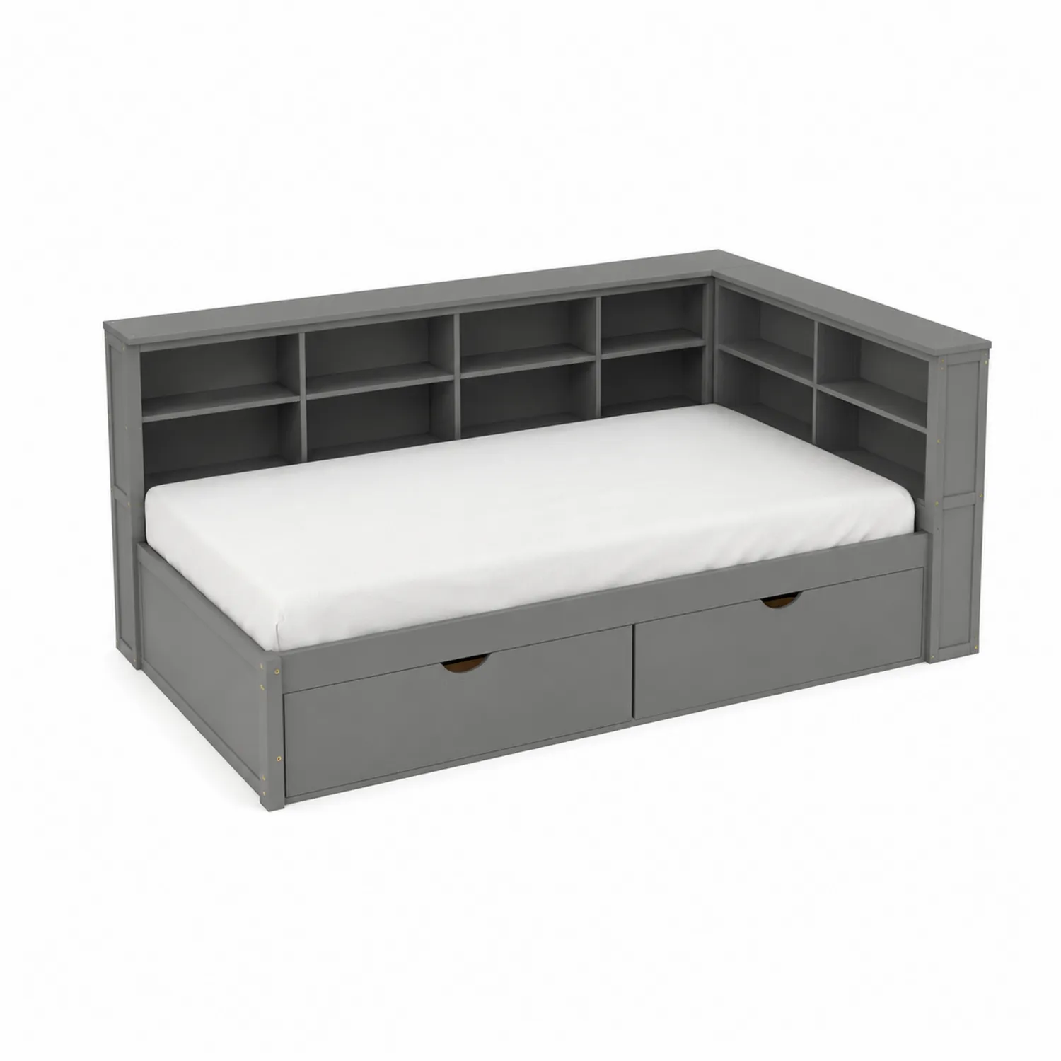 Cama individual de madera con almacenamiento y estantería gris