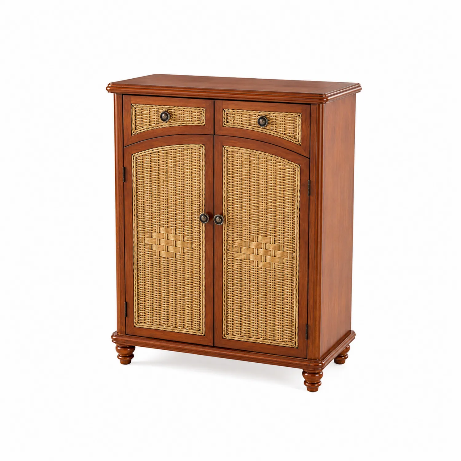 Armario de Madera de Nogal y Mimbre Natural con 2 Puertas y 2 Cajones Marrón