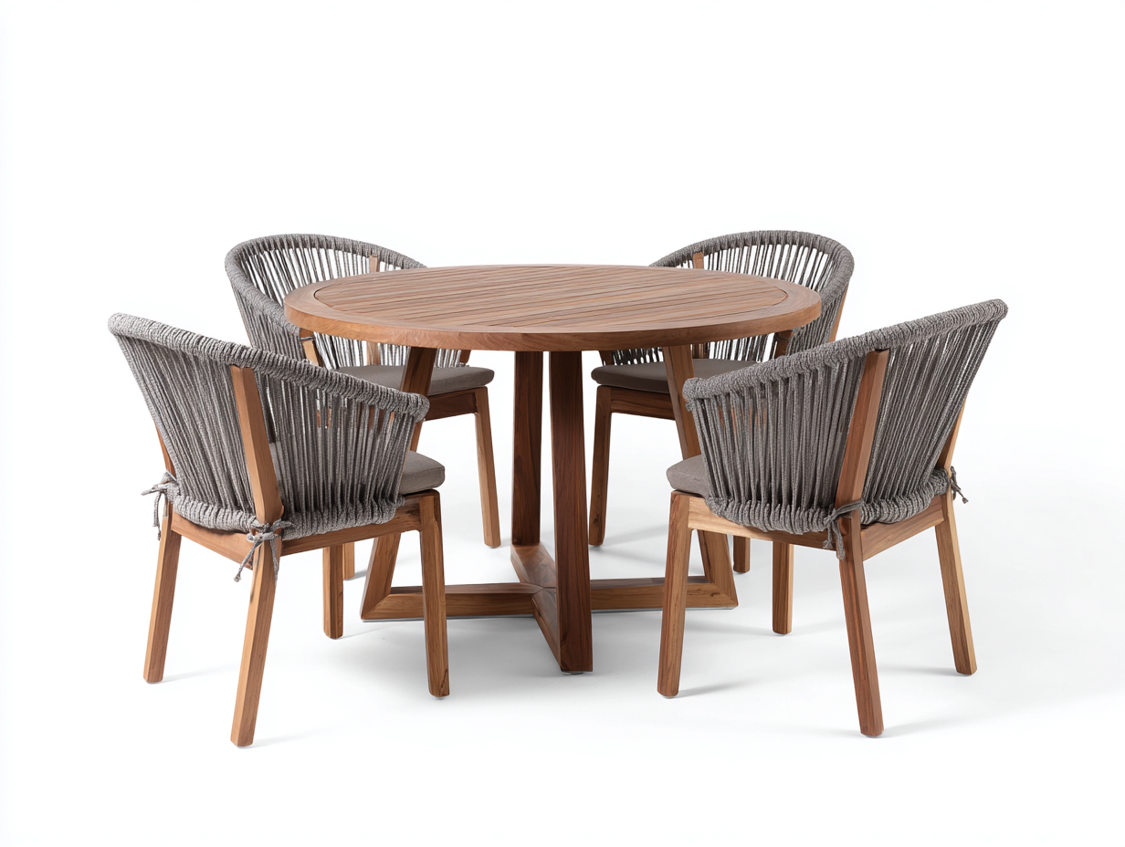 Salon de jardin repas table ronde bois massif 120x120x75 cm - bois naturel-gris - pour terrasse et jardin avec chaises corde-Faloabode