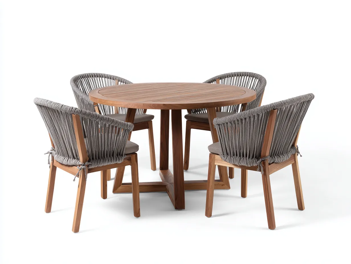 Salon de jardin repas table ronde bois massif 120x120x75 cm - bois naturel-gris - pour terrasse et jardin avec chaises corde-Faloabode