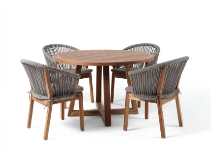 Salon de jardin repas table ronde bois massif 120x120x75 cm - bois naturel-gris - pour terrasse et jardin avec chaises corde-Faloabode