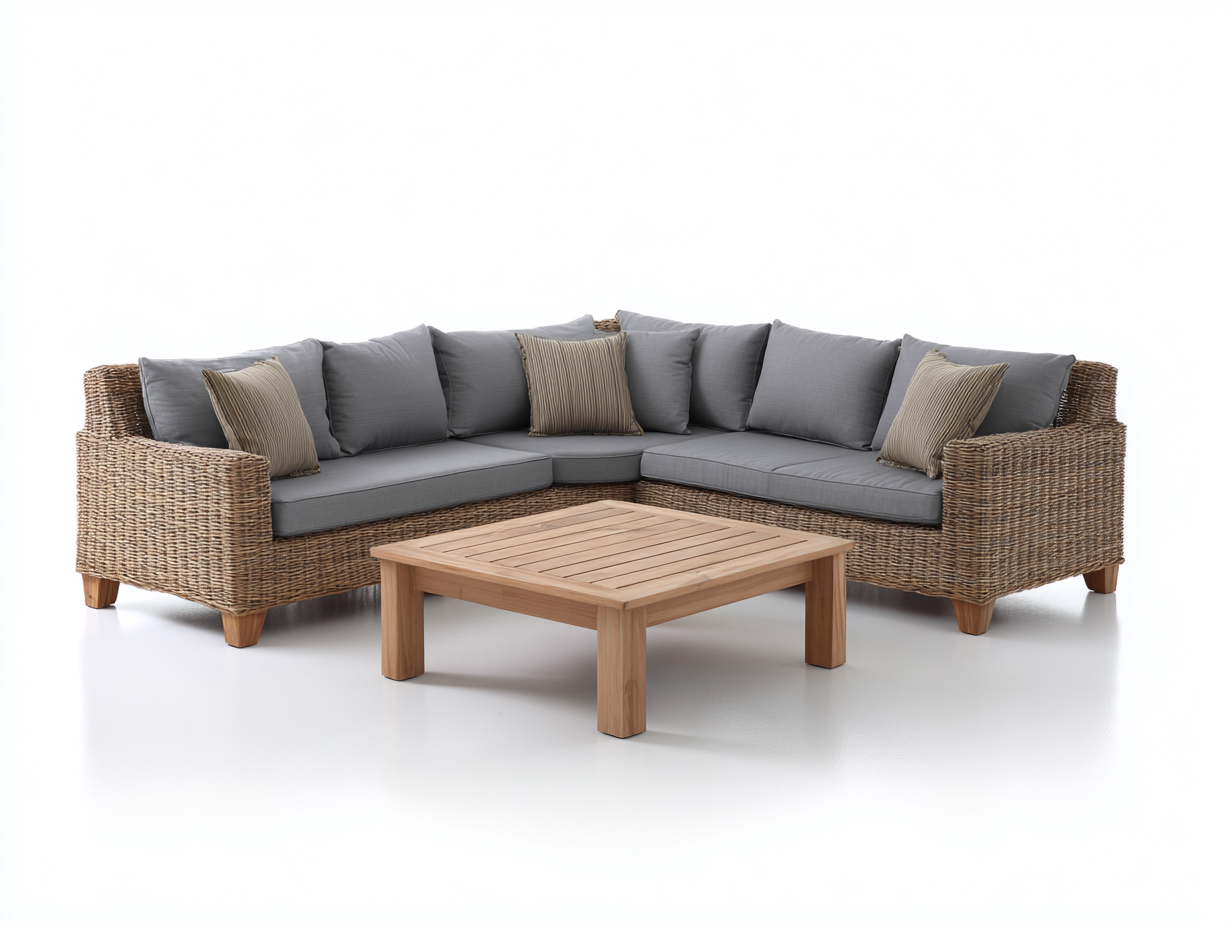 Canapé de jardin angle rotin synthétique 210x210x85 cm - marron-gris - salon extérieur avec table basse en bois pour terrasse-Faloabode
