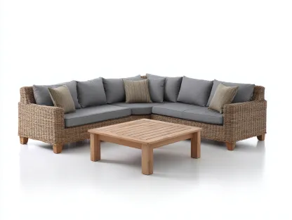 Canapé de jardin angle rotin synthétique 210x210x85 cm - marron-gris - salon extérieur avec table basse en bois pour terrasse-Faloabode