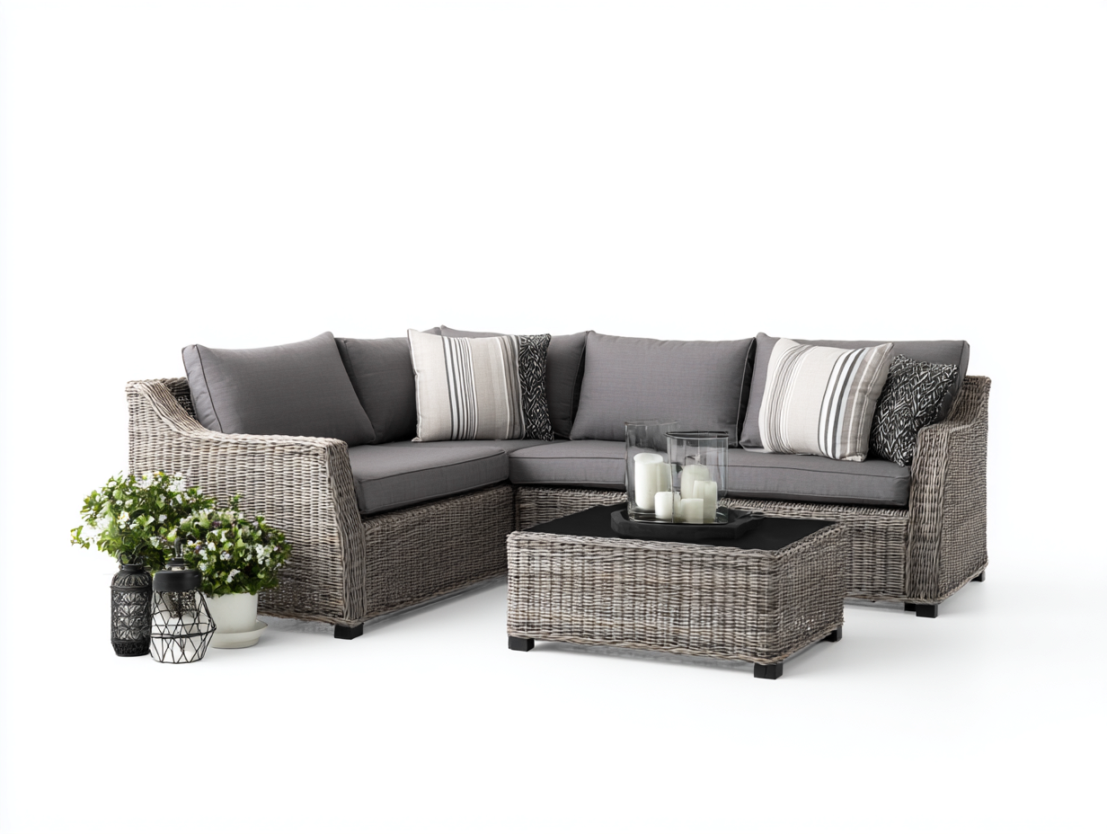 Canapé de jardin angle rotin synthétique 225x175x82 cm - gris - salon extérieur avec table basse pour terrasse-Faloabode