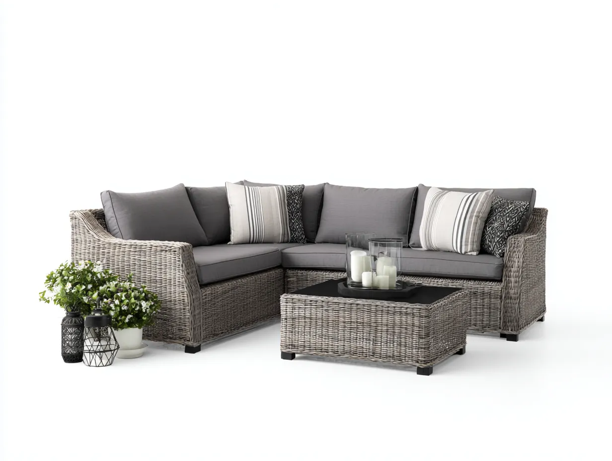 Canapé de jardin angle rotin synthétique 225x175x82 cm - gris - salon extérieur avec table basse pour terrasse-Faloabode