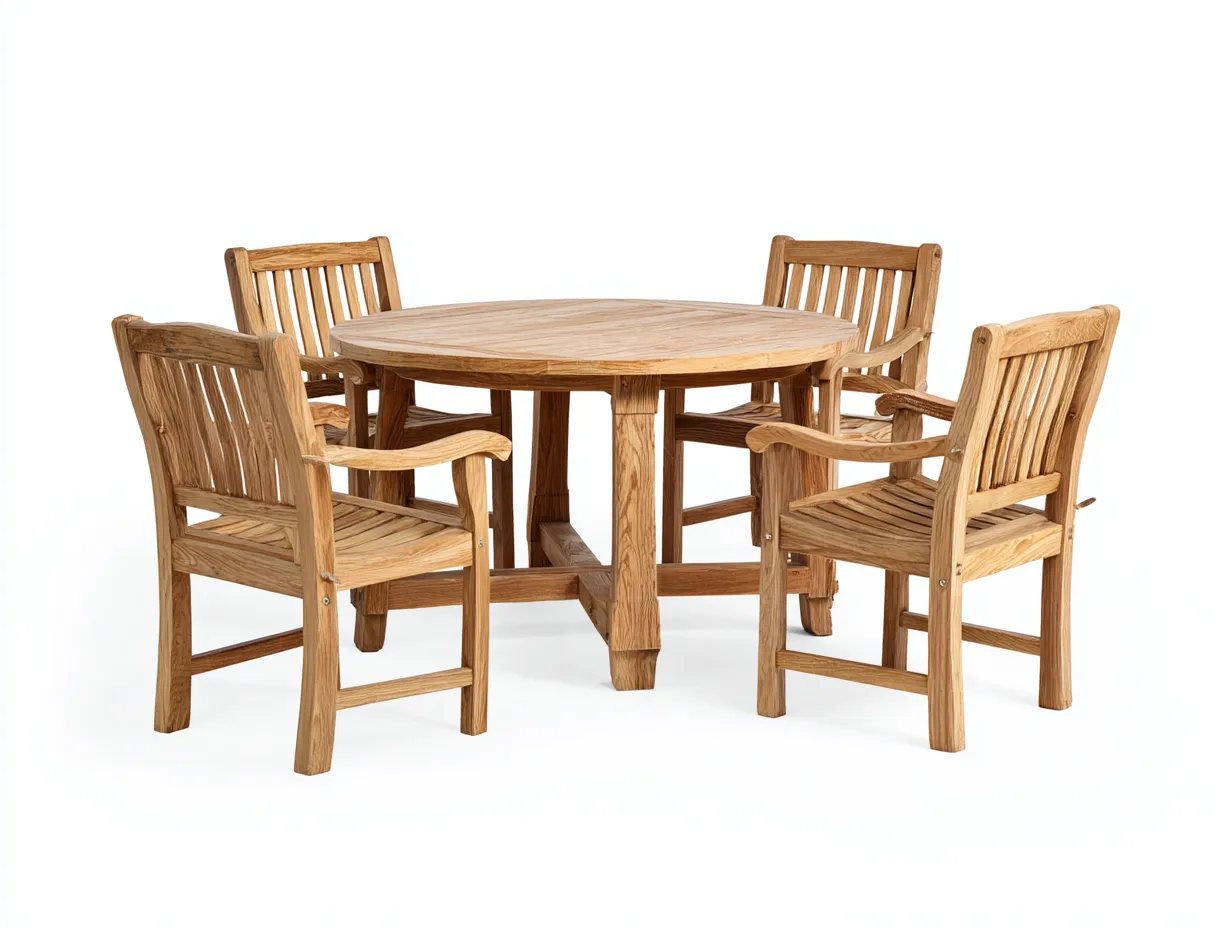 Salon de jardin repas table ronde bois massif 130x130x75 cm - bois naturel - pour terrasse et jardin avec chaises-Faloabode