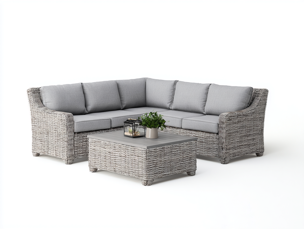Canapé de jardin angle rotin synthétique 180x180x85 cm - gris clair - salon extérieur avec table basse pour terrasse-Faloabode