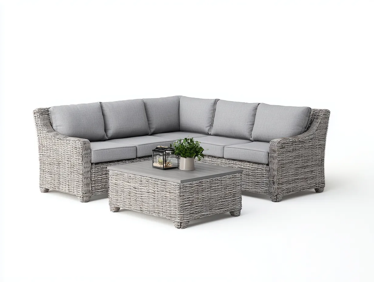Canapé de jardin angle rotin synthétique 180x180x85 cm - gris clair - salon extérieur avec table basse pour terrasse-Faloabode
