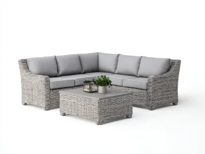 Canapé de jardin angle rotin synthétique 180x180x85 cm - gris clair - salon extérieur avec table basse pour terrasse-Faloabode