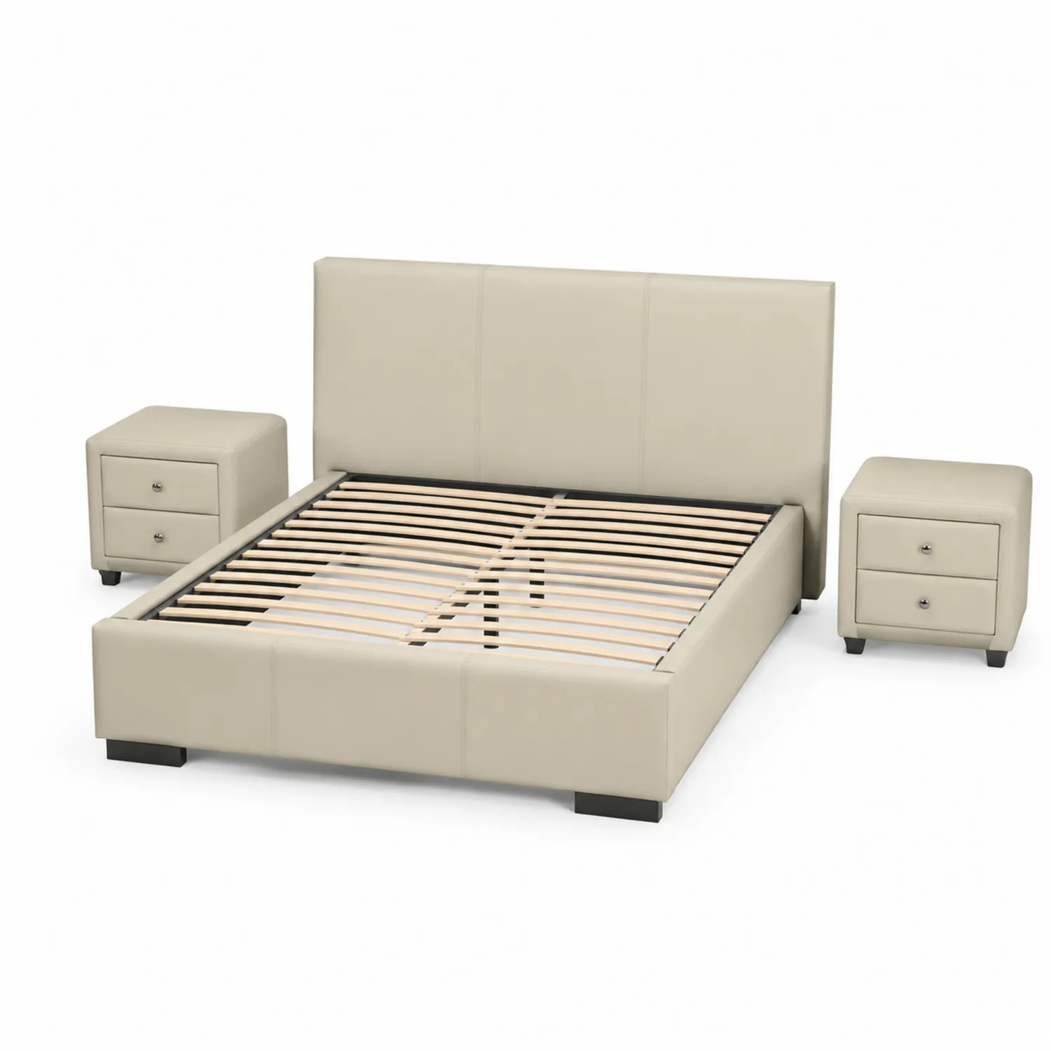 Letto imbottito con comodini in similpelle Beige-sovmoria