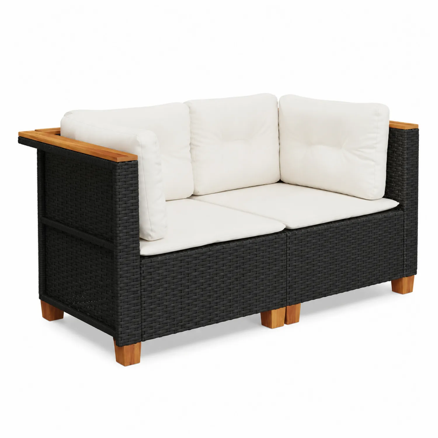 Divano da giardino in rattan e legno con cuscini bianchi-sovmoria