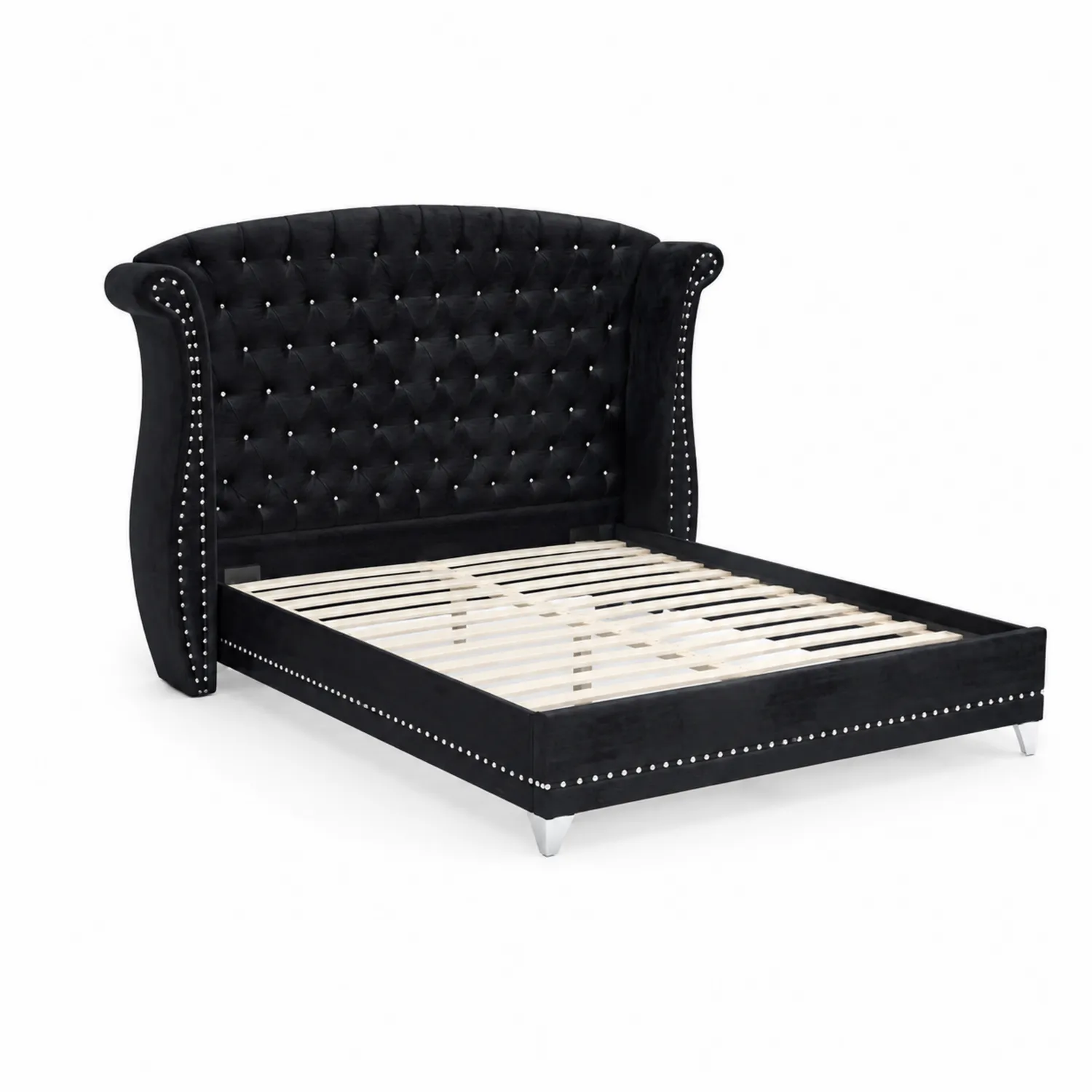 Letto matrimoniale in velluto nero con borchie decorative 200x160 cm-sovmoria