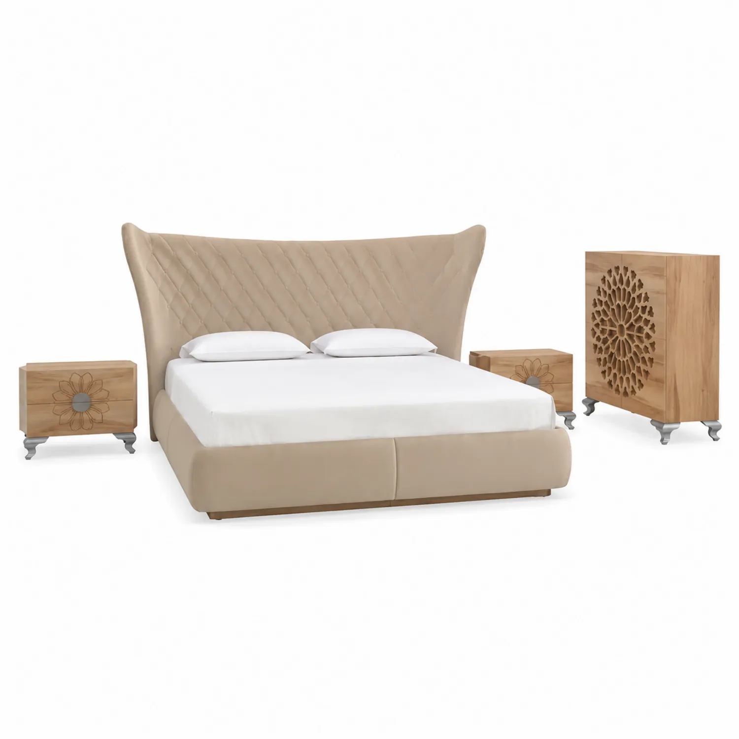 Letto matrimoniale in tessuto beige con comodini in legno quercia-sovmoria