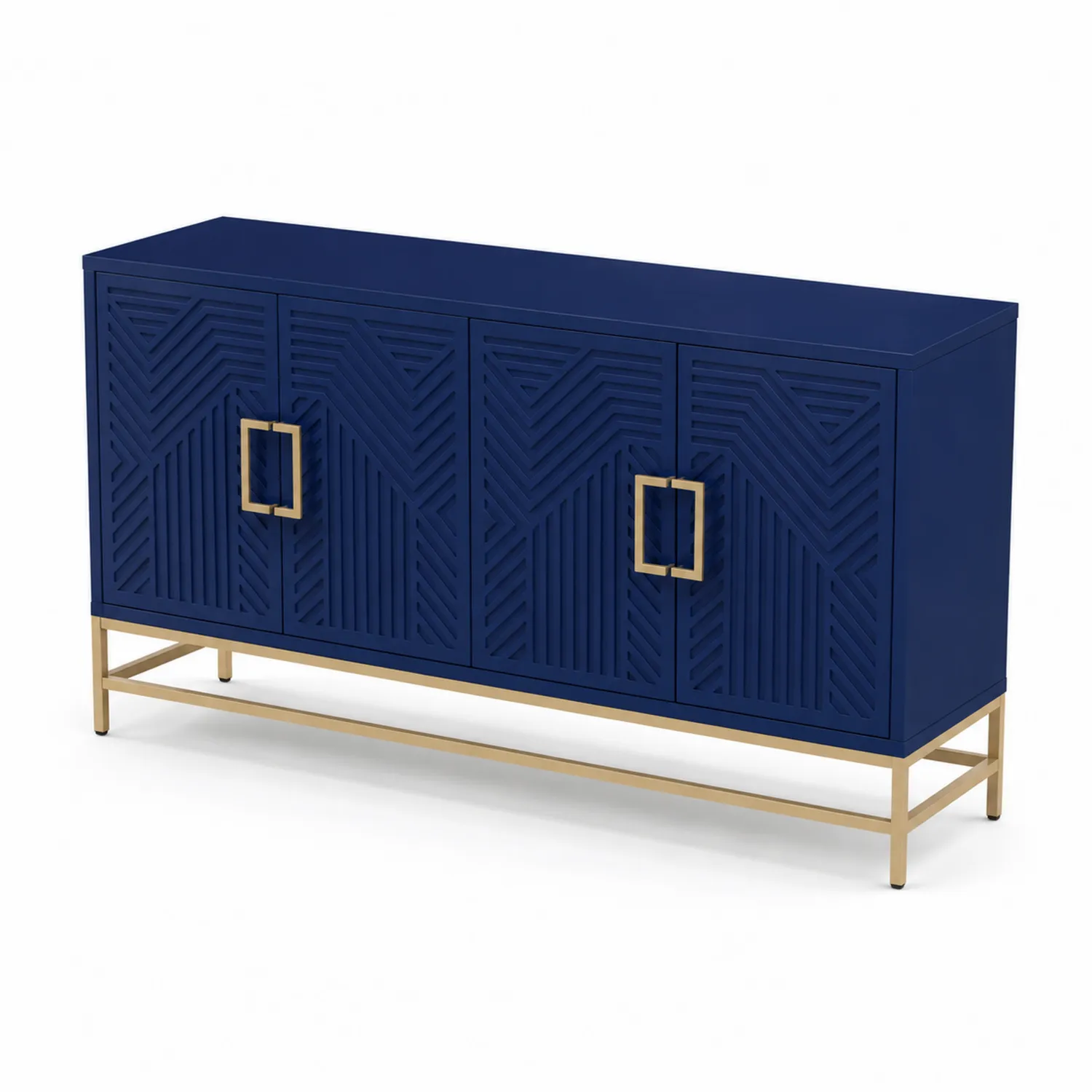 Credenza in Legno Blu con 4 Ante e Base in Metallo Dorato-sovmoria