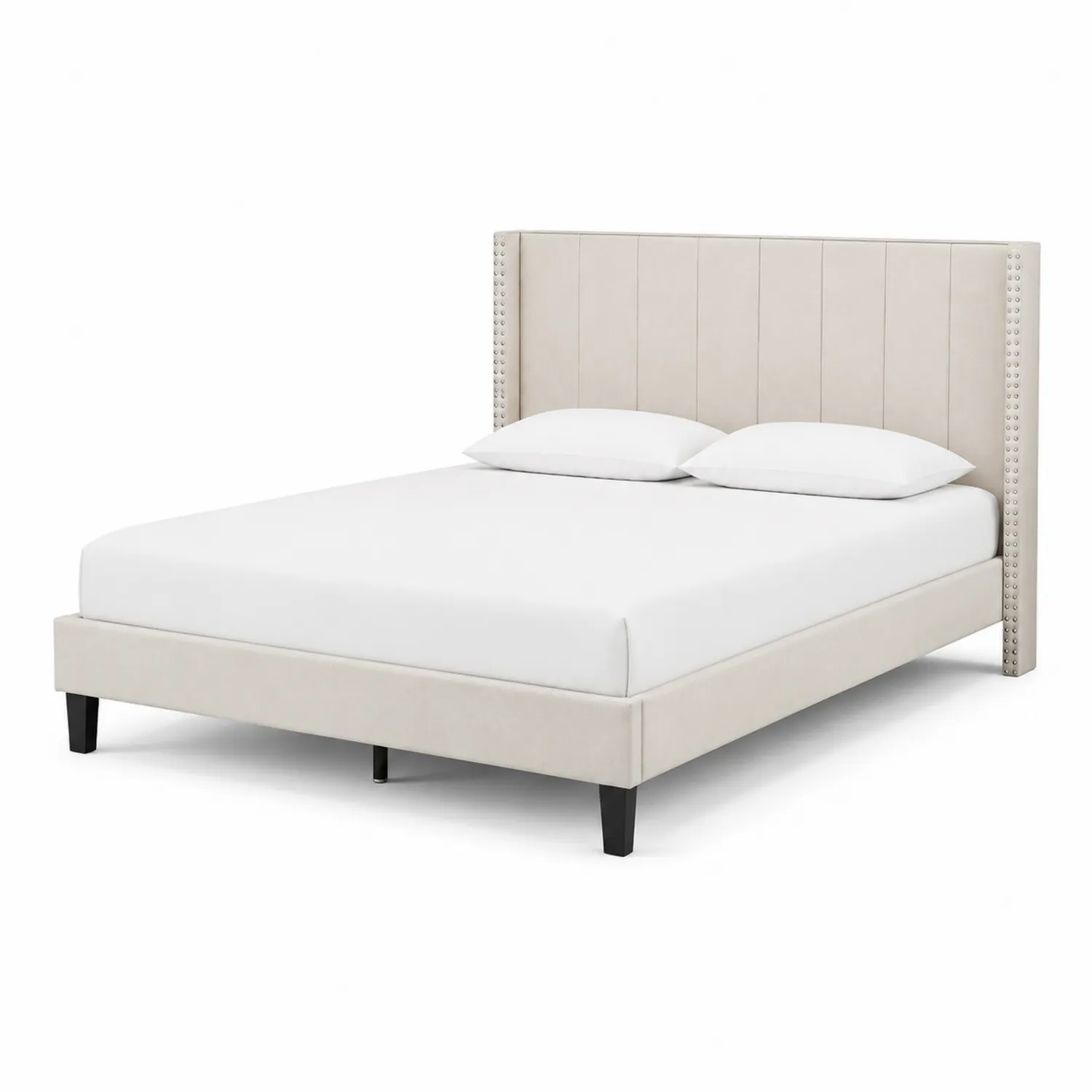 Letto matrimoniale beige in tessuto poliestere con testiera imbottita-sovmoria