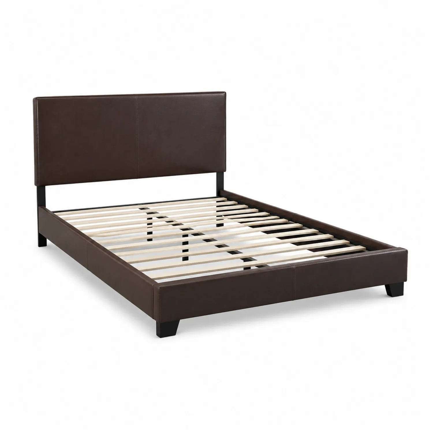 Letto matrimoniale in pelle sintetica marrone con struttura in legno-sovmoria