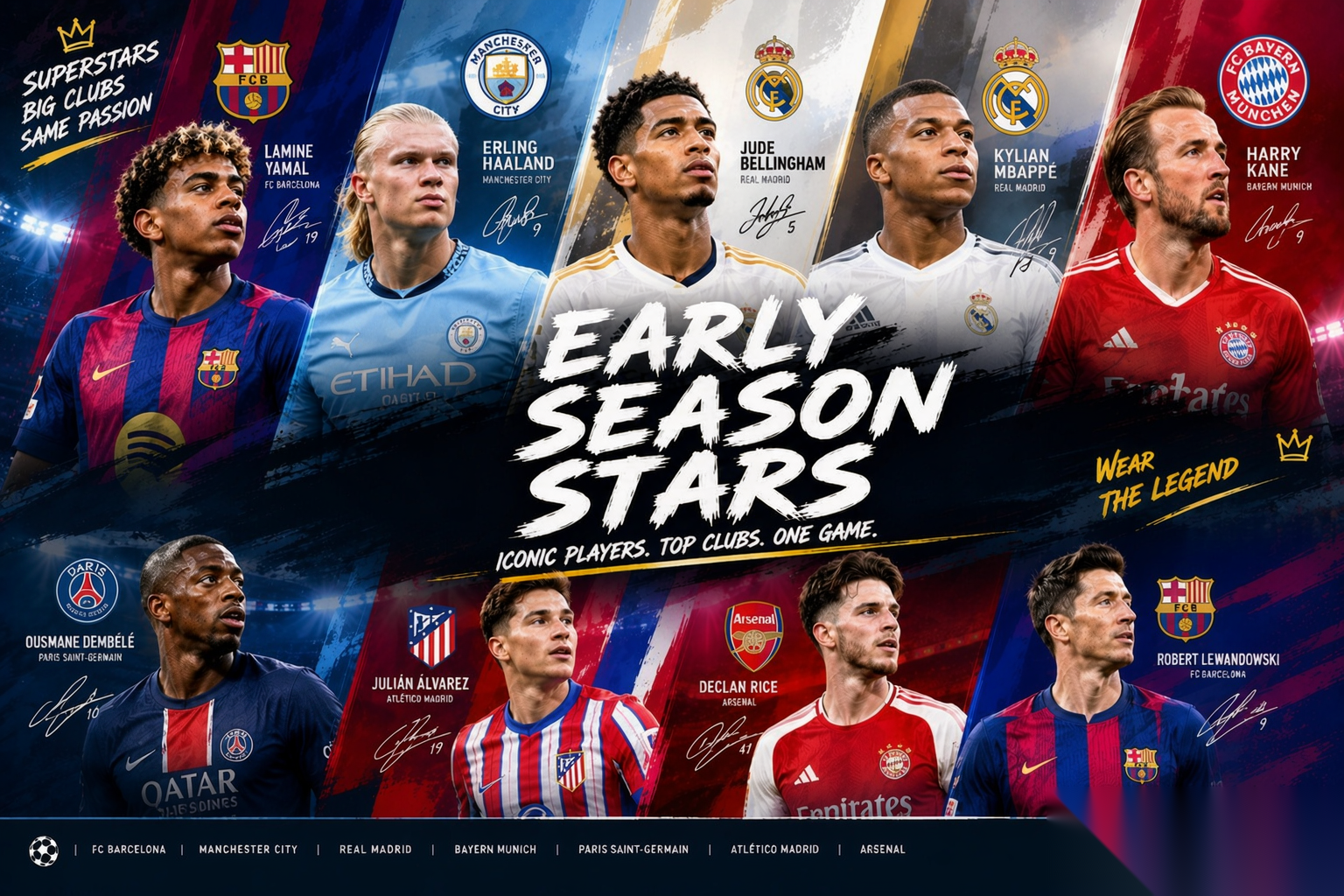 Early Season Stars poster featuring Lamine Yamal, Erling Haaland, Jude Bellingham, Kylian Mbappe, Harry Kane and more in their 2026/27 club jerseys