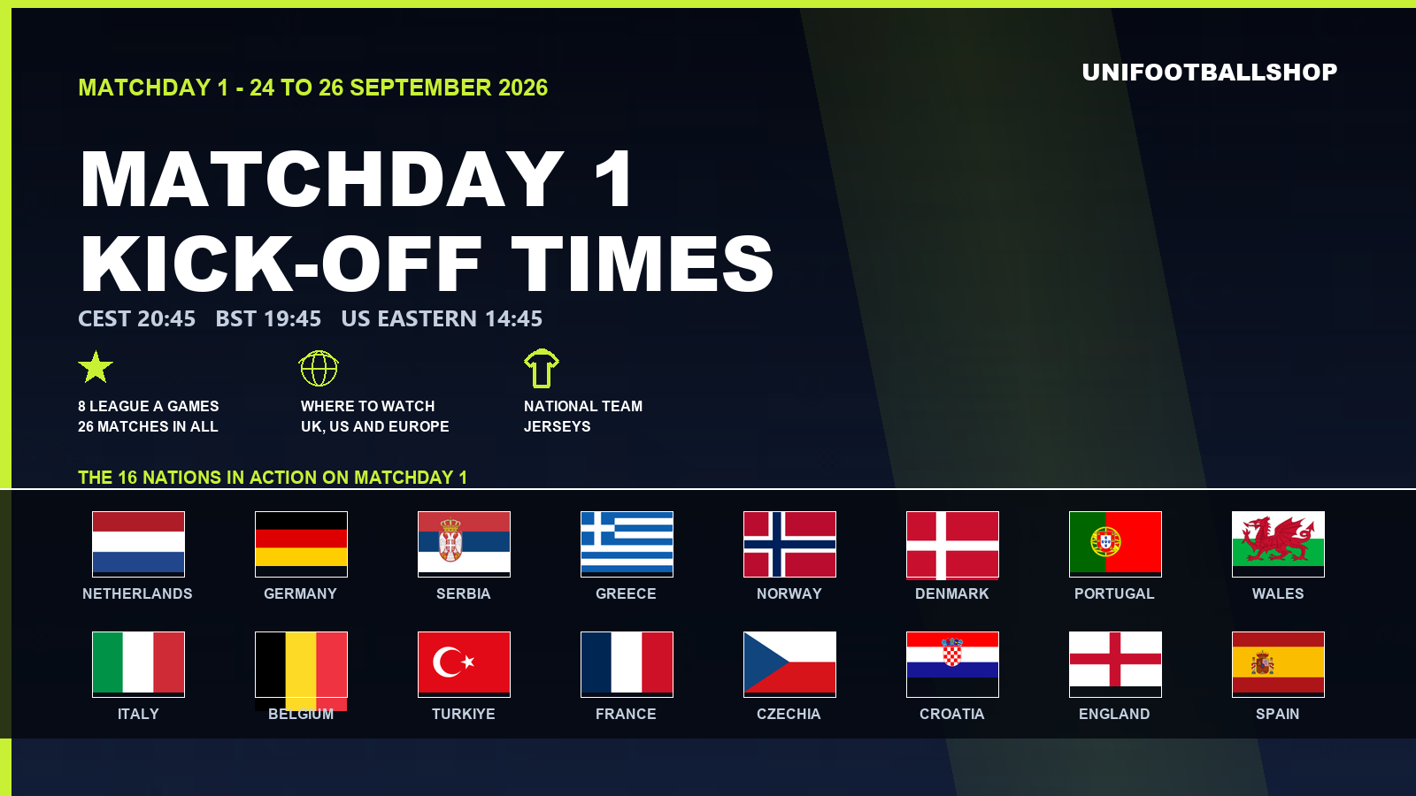 Banner showing the Nations League matchday 1 kick-off strip: 20:45 CEST, 19:45 BST and 14:45 US Eastern, with the eight League A fixtures listed