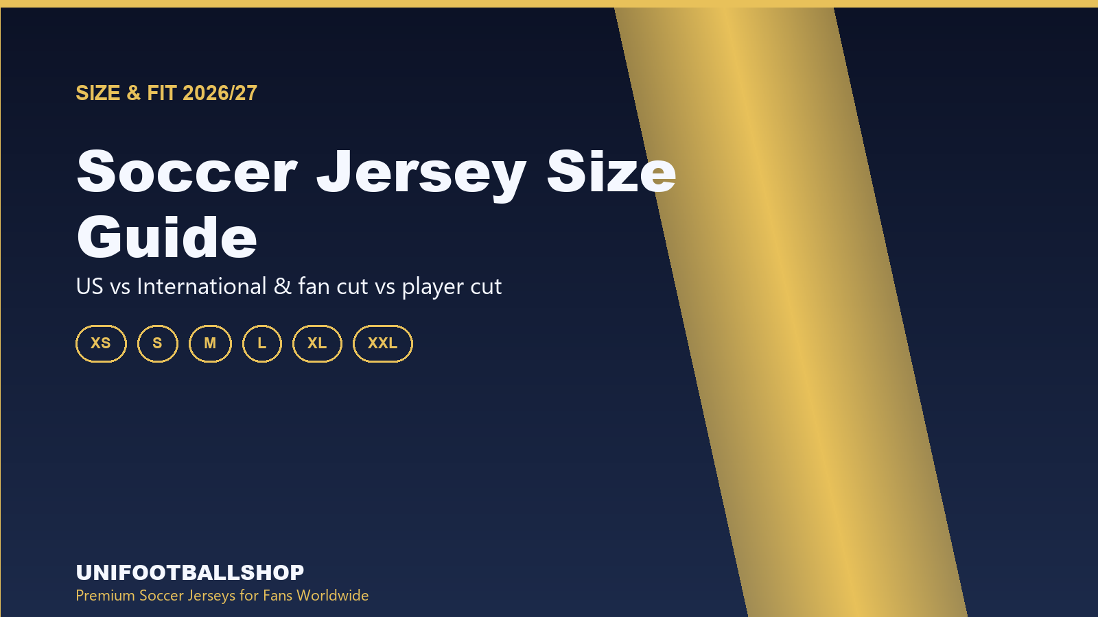 Banner for the Unifootballshop soccer jersey size guide showing sizes XS to XXL and the subtitle US vs International, fan cut vs player cut