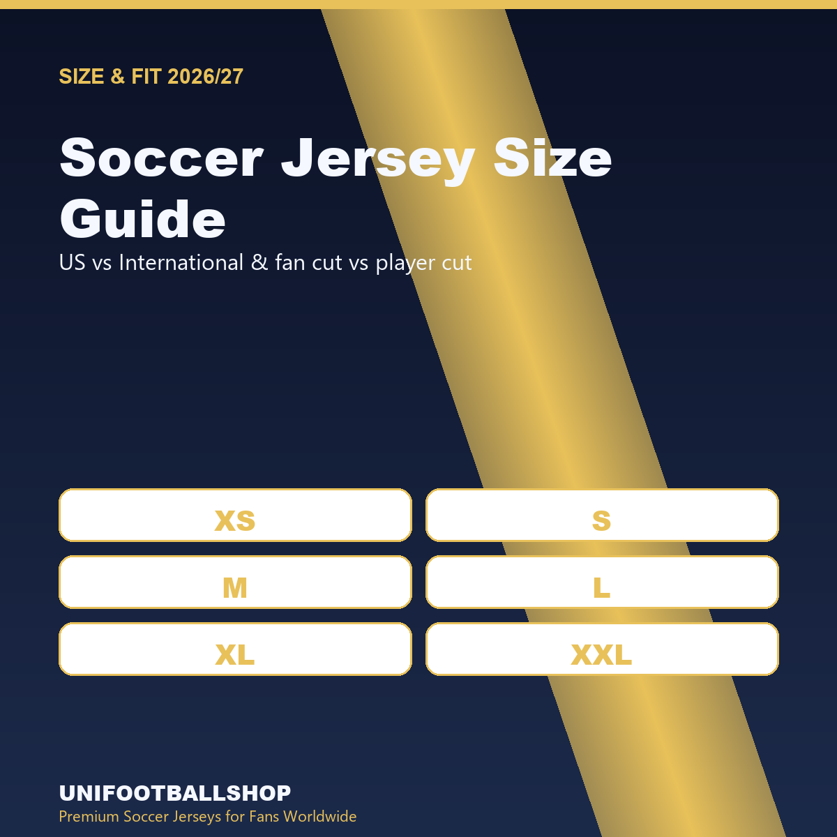 Square size chart card for the Unifootballshop soccer jersey size guide with sizes XS through XXL