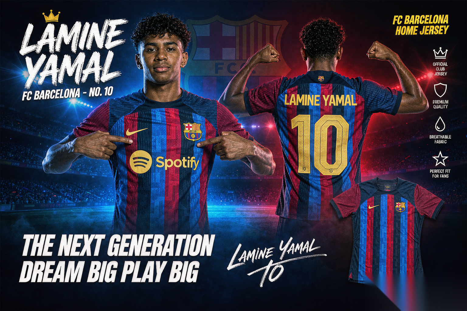 Lamine Yamal FC Barcelona home jersey poster showing front and back view with number 10