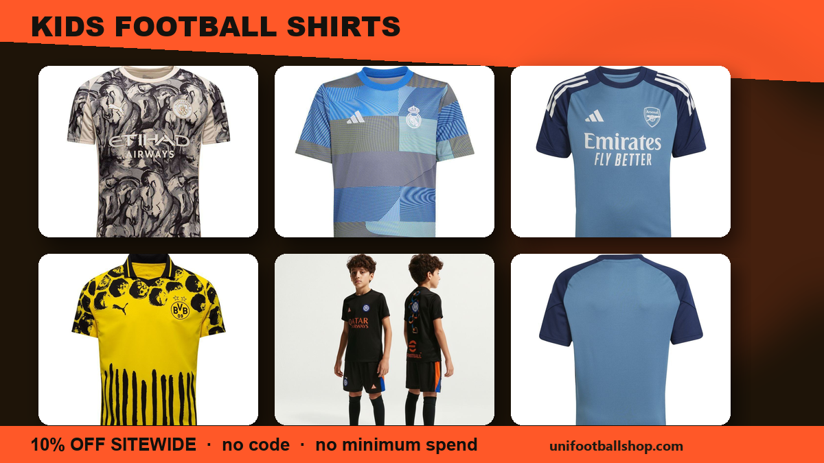 Six youth football shirts in different club and national colours