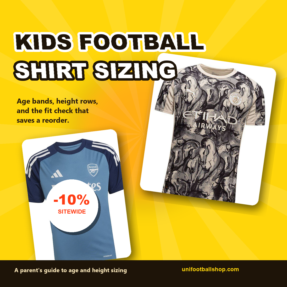 Kids football shirt size guide showing a youth shirt next to a measuring tape