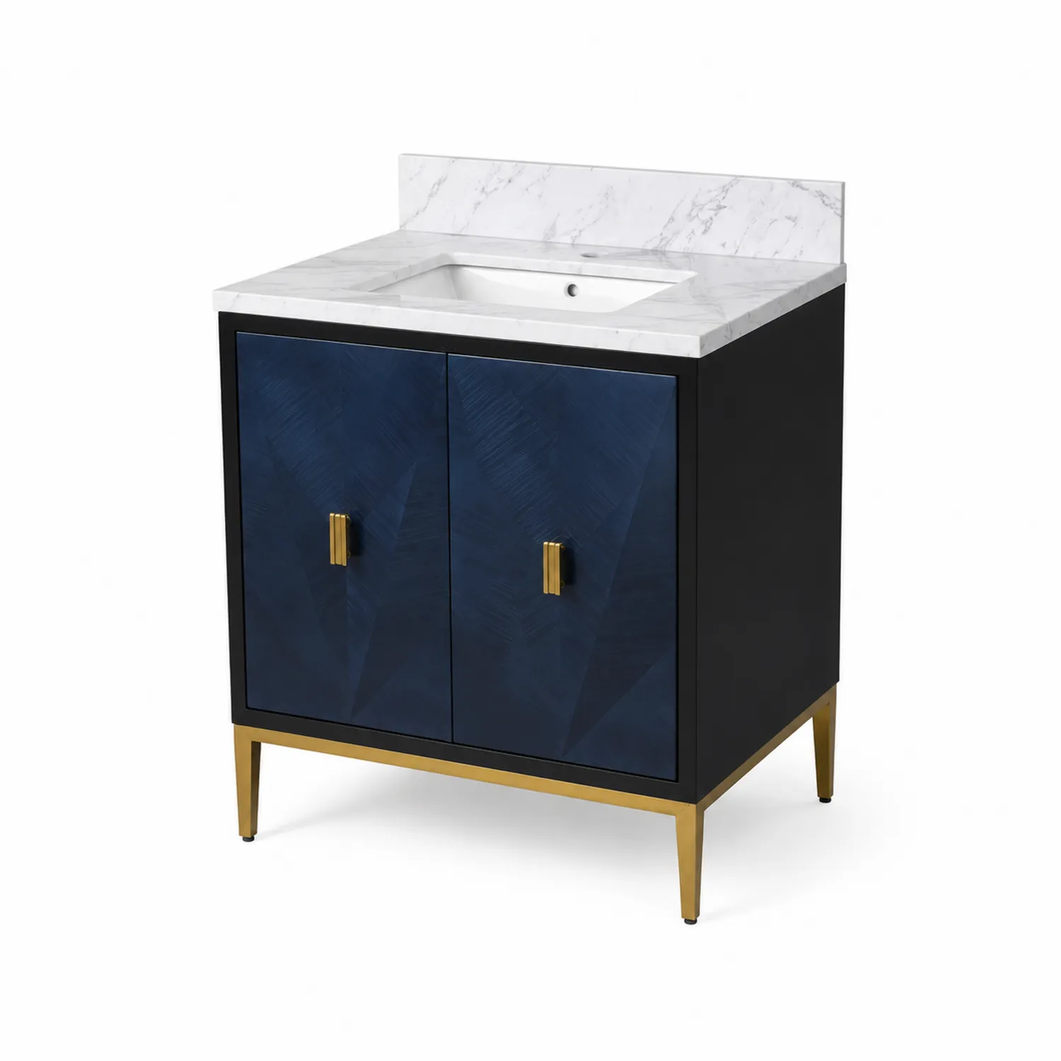 Waschtischunterschrank mit Marmorplatte und blauen Türen