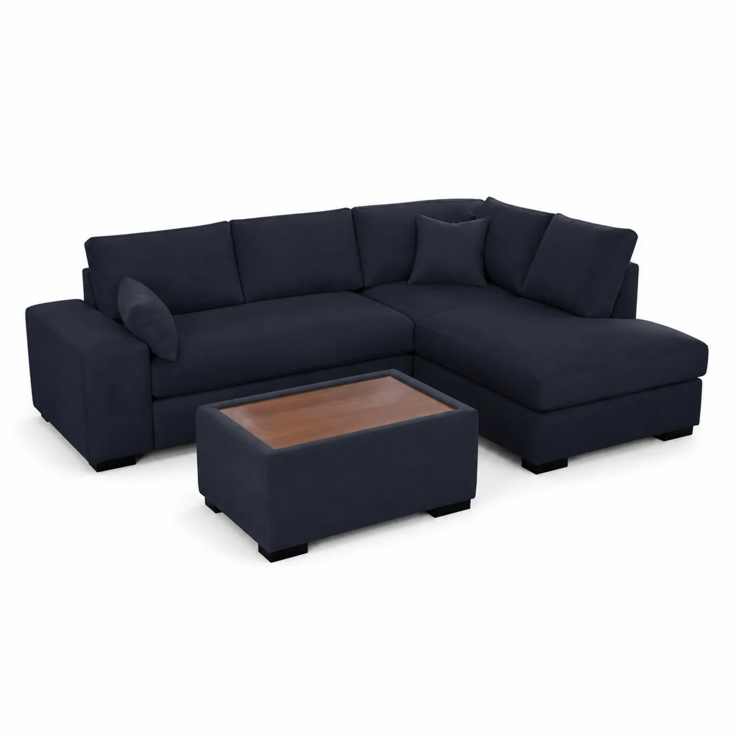 Ecksofa Set aus Mikrofaser Dunkelblau mit Holzoberfläche