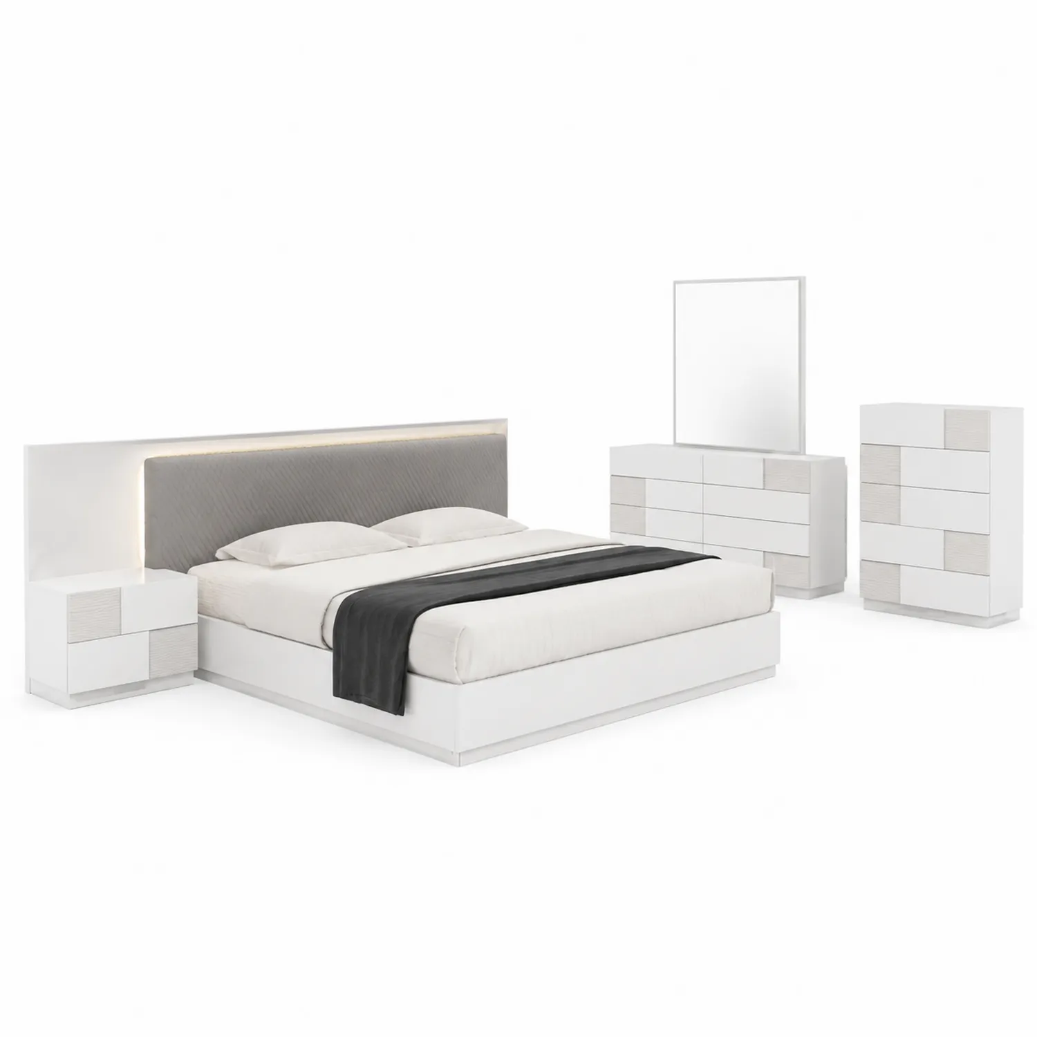 Schlafzimmer-Set mit Bett 180x200 cm aus Holz und Kunstleder in Weiß und Grau