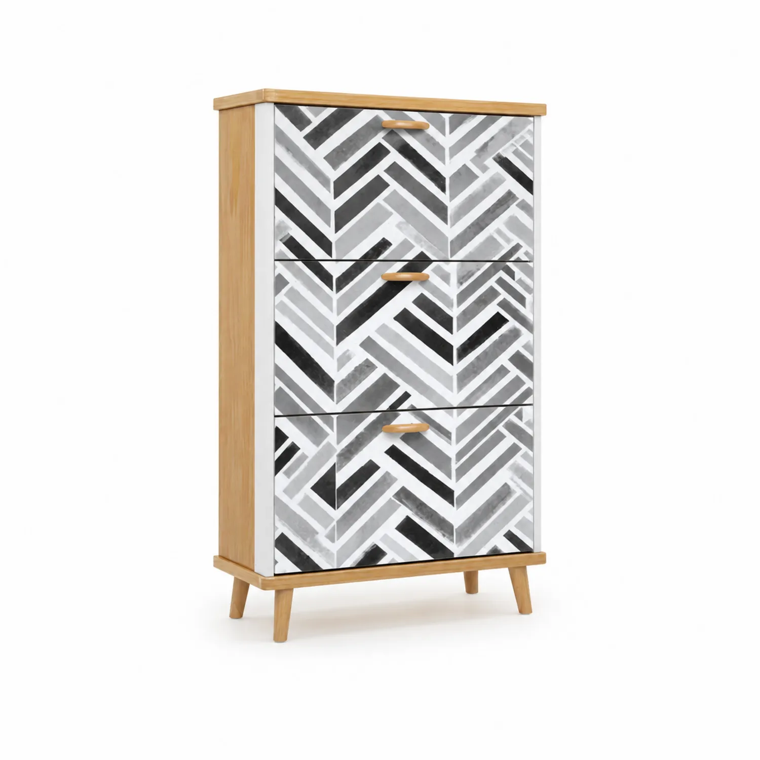 Schuhschrank MDF und Kiefer Weiß/Schwarz Grau Chevron 3 Klappfächer