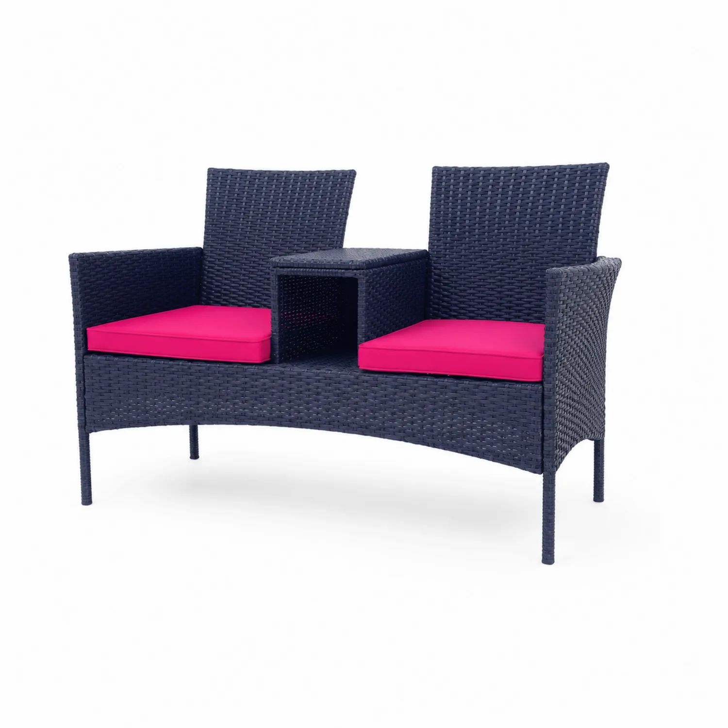 Rattan Doppelstuhl Dunkelblau mit Rosa Kissen und Tisch