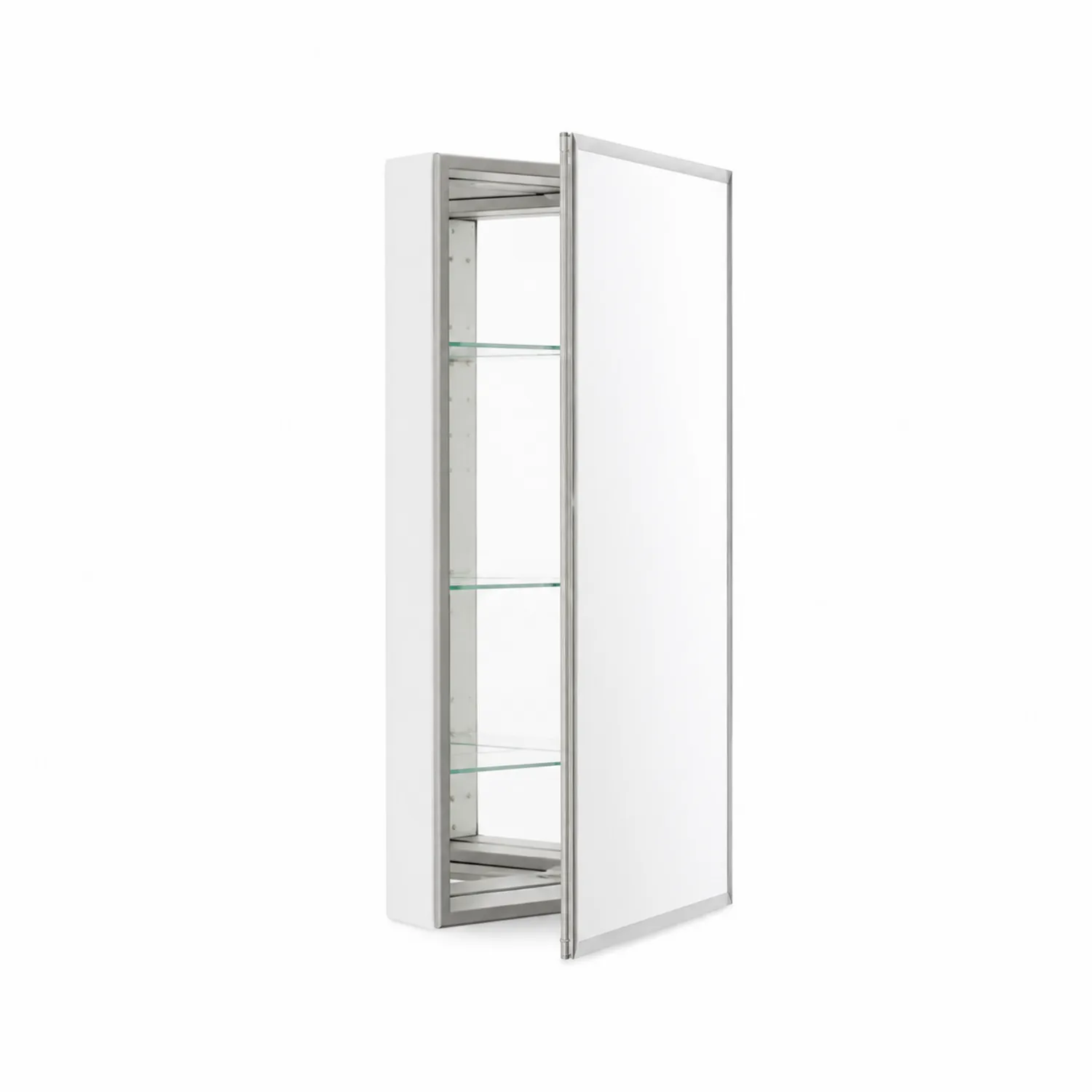 Badezimmerspiegelschrank mit Edelstahlrahmen und Glasregalen, Weiß