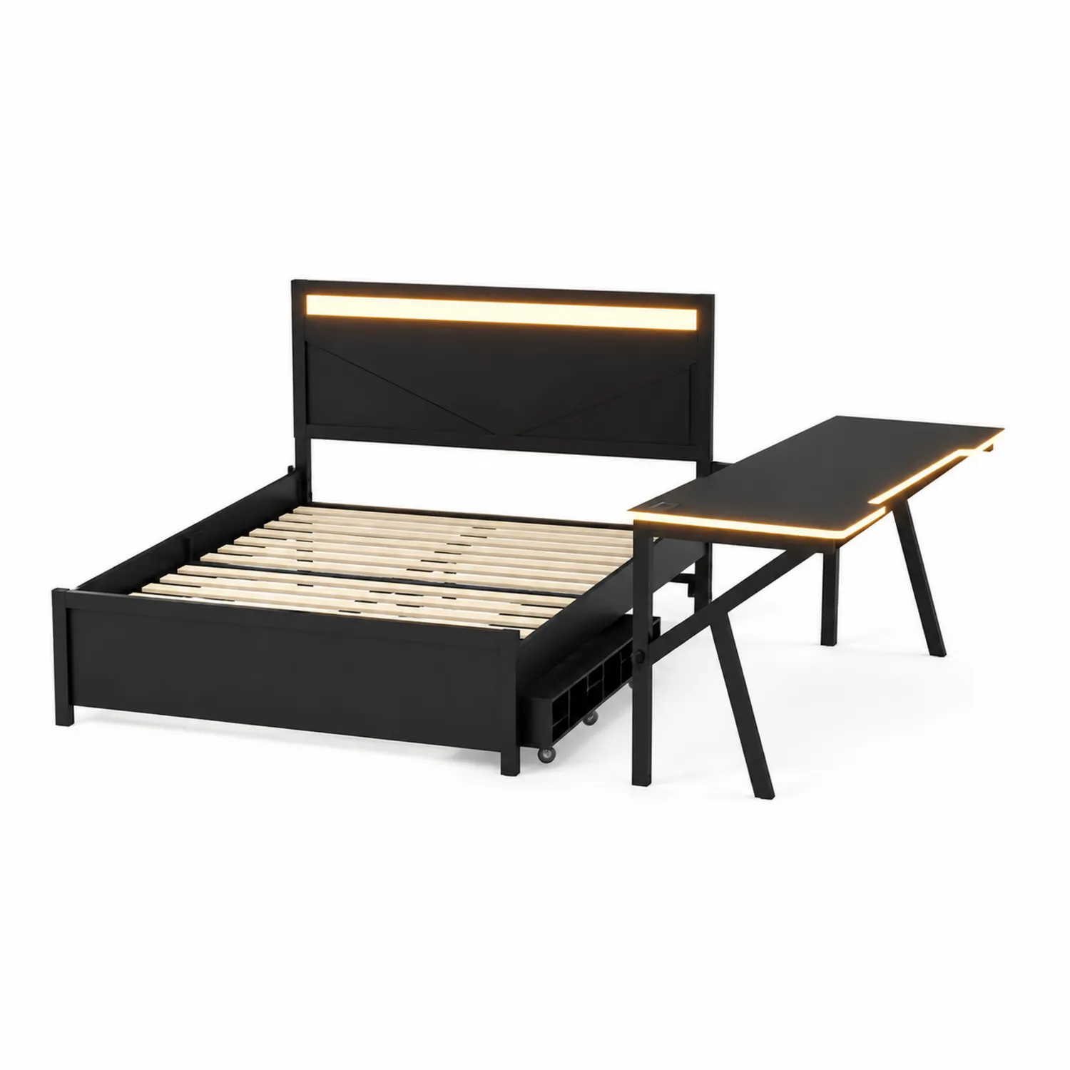 Schwarzes Bett mit Schreibtisch und LED-Beleuchtung