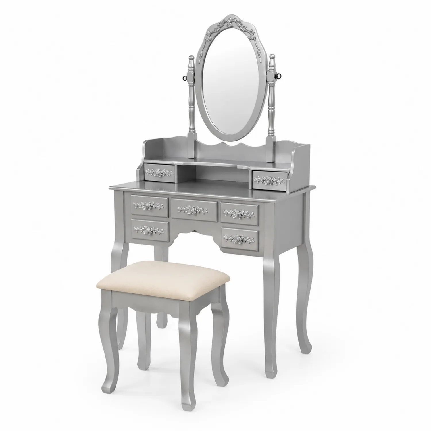 Schminktisch Set Silber MDF mit Hocker und Spiegel