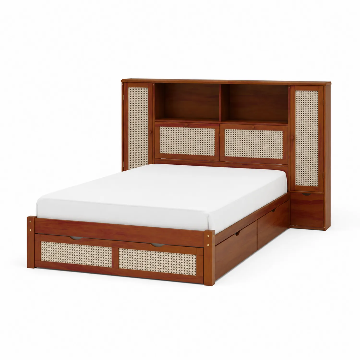 Bett mit Stauraum und Kopfteil aus Holz und Rattan 200x160cm