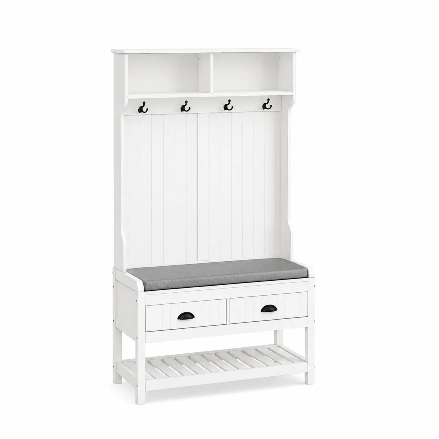 Panca in Legno Bianco con Cuscino Grigio e Ganci-Velwooda