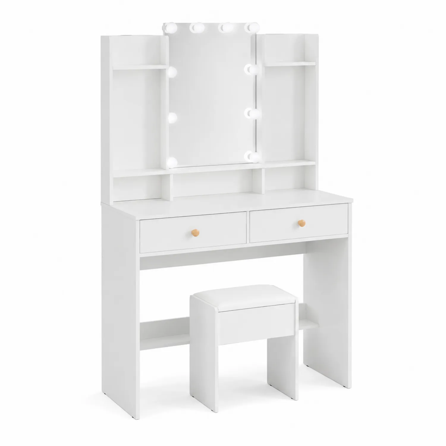 Toeletta con Specchio Illuminato e Sgabello, Legno, 100x40x140 cm, Bianco-Velwooda