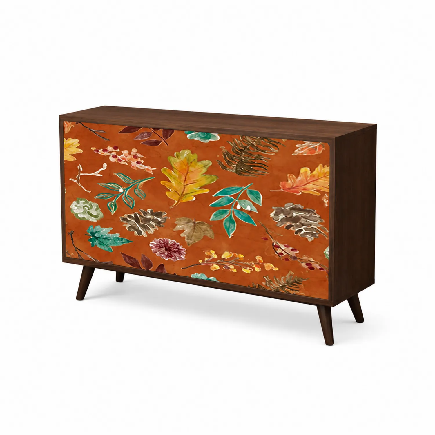 Credenza in Legno Massello con Ante Decorate a Foglie Autunnali-Velwooda
