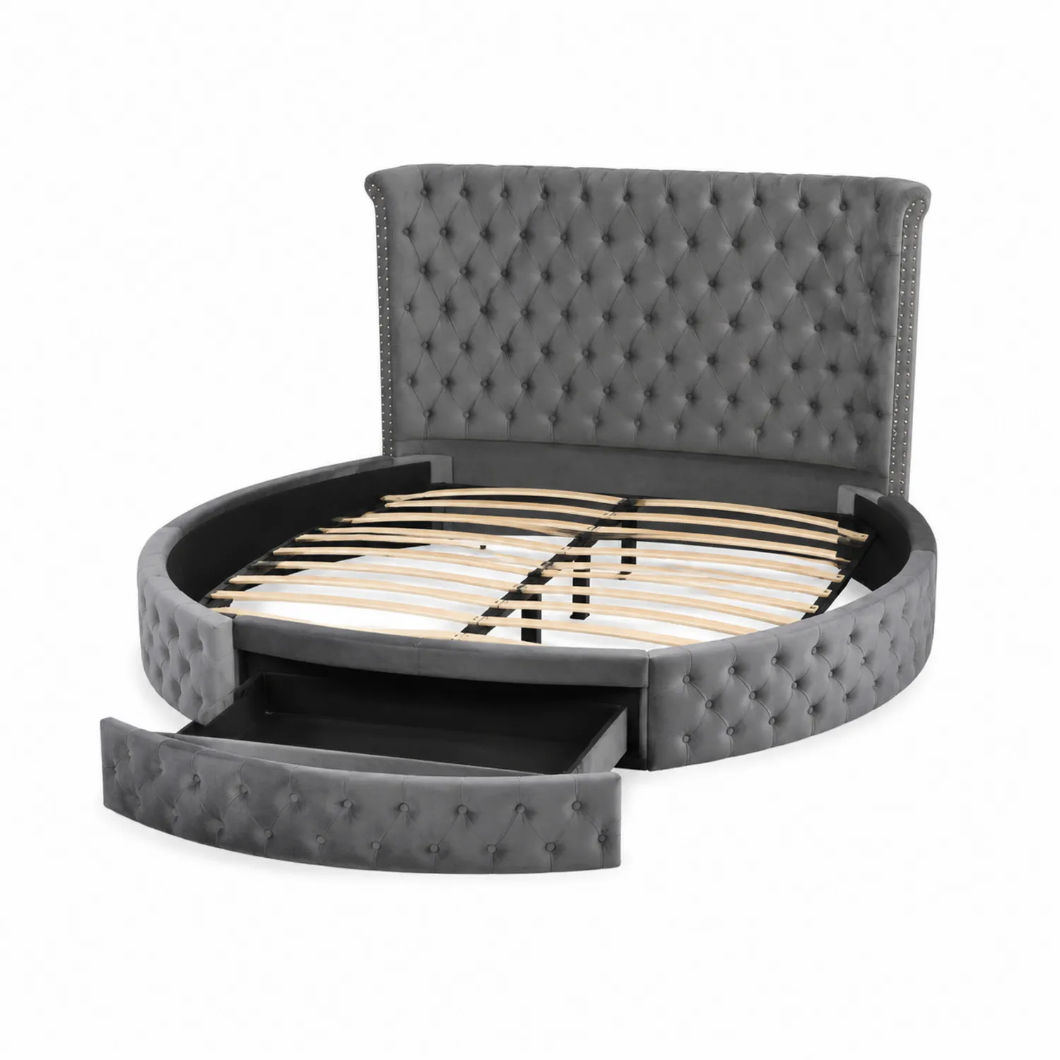 Letto rotondo in velluto grigio con testiera e cassetto-Velwooda
