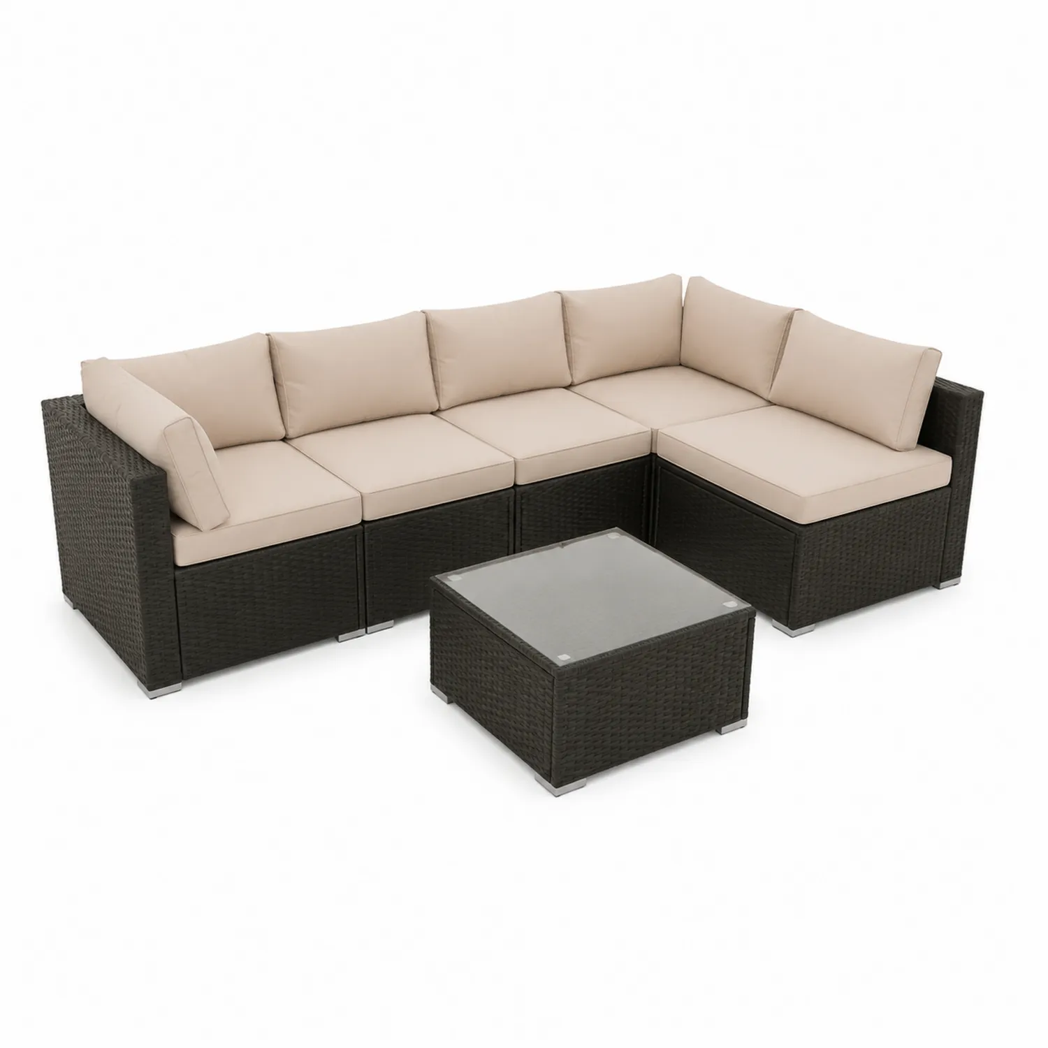 Set Divano Angolare in Rattan Sintetico Marrone con Cuscini Beige e Tavolino in Vetro-Velwooda