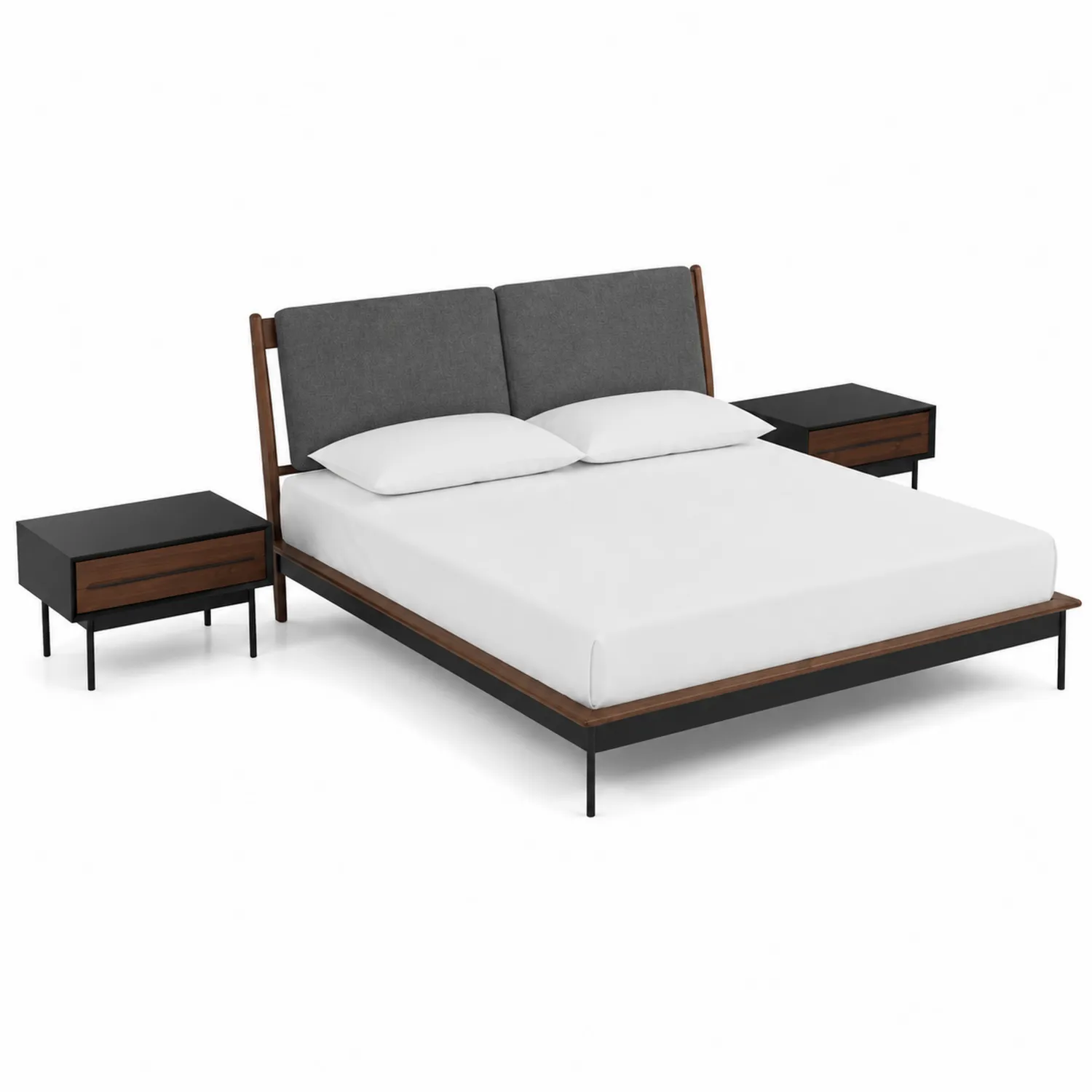 Set Camera da Letto con Letto Matrimoniale e Comodini in Legno e Tessuto Grigio-Velwooda