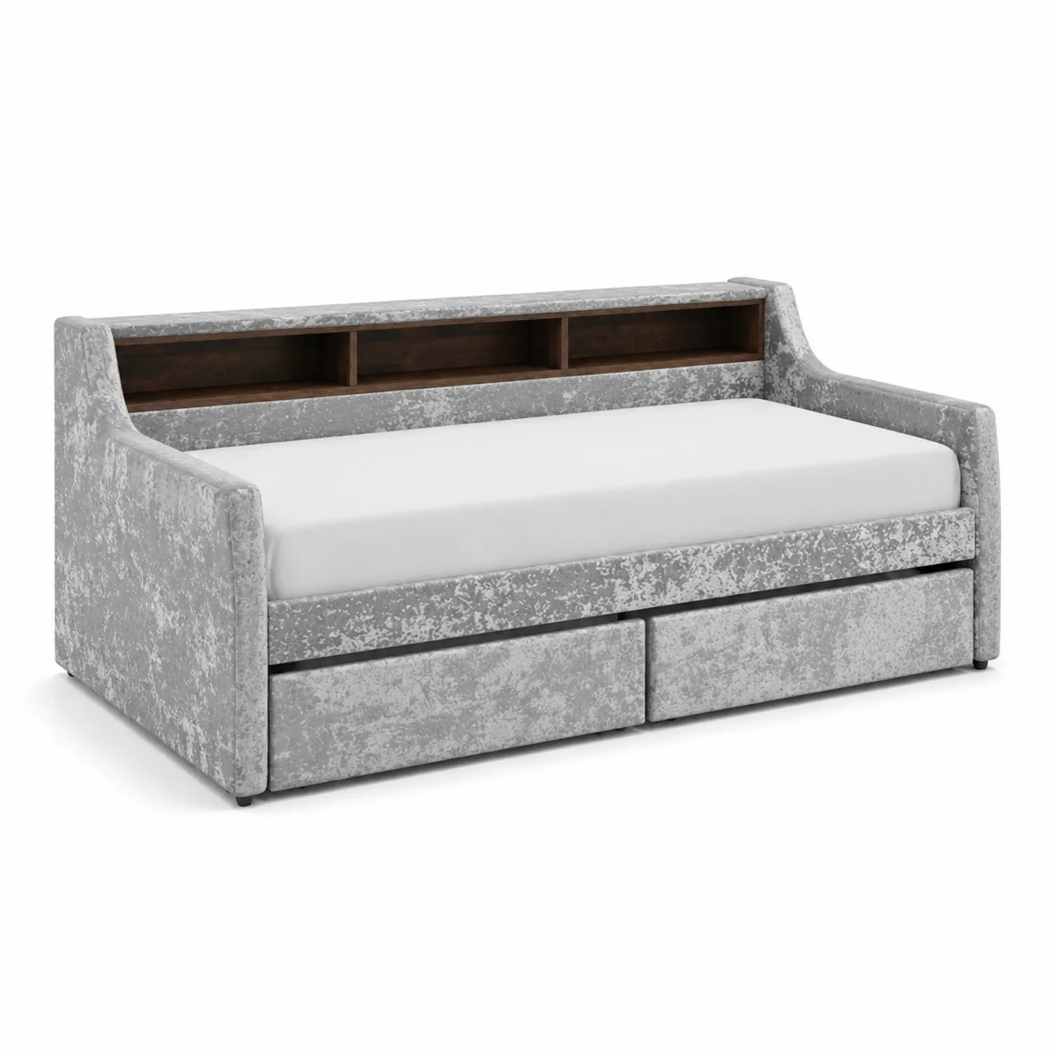 Letto contenitore in velluto grigio con scaffali e cassetti-Velwooda